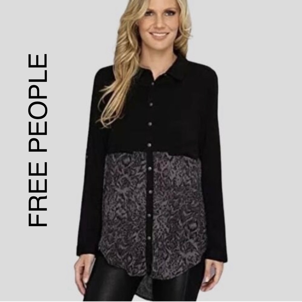 FREE PEOPLE Welcome To The Jungle Black Gray Button Front Tunic Top Medium